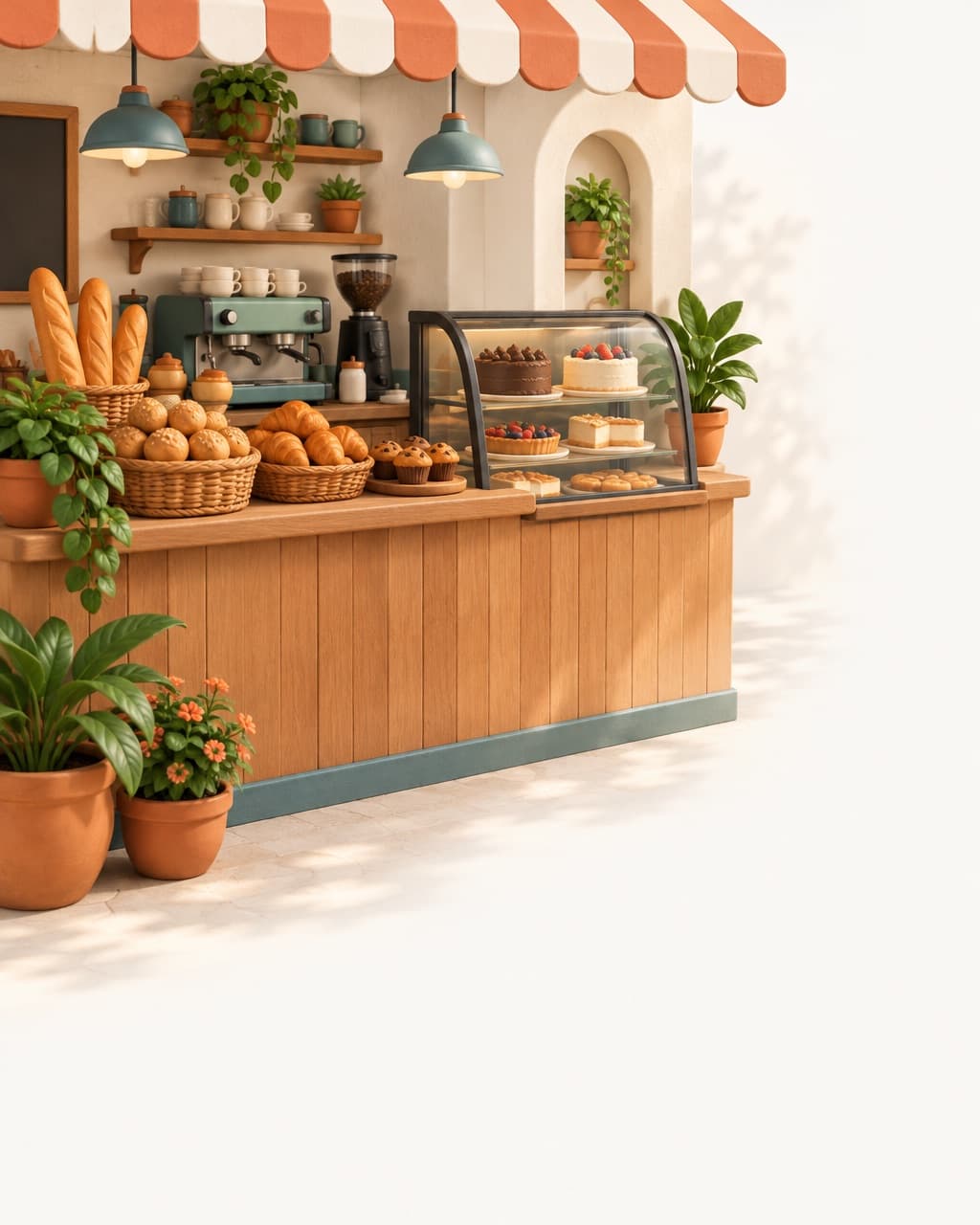Ilustración de una panadería de barrio con mostrador, panes y tortas